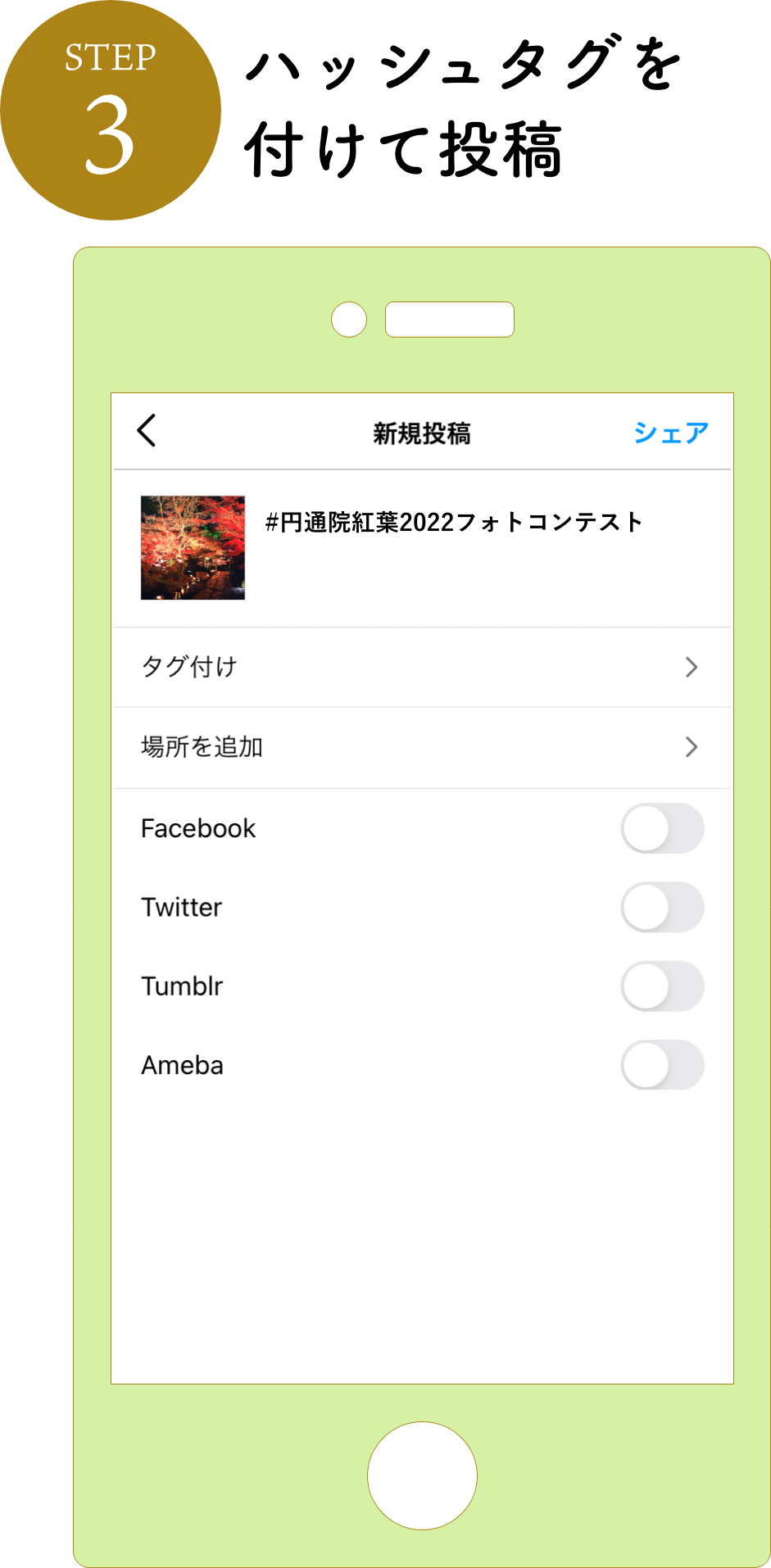 ハッシュタグをつけて投稿